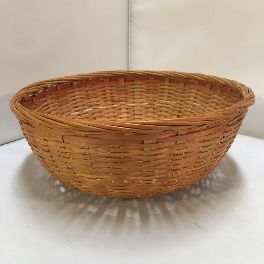 Round Wicker Basket Unisex 9 Inch Tan Woven Decorative Storage Bowl Cottagecore